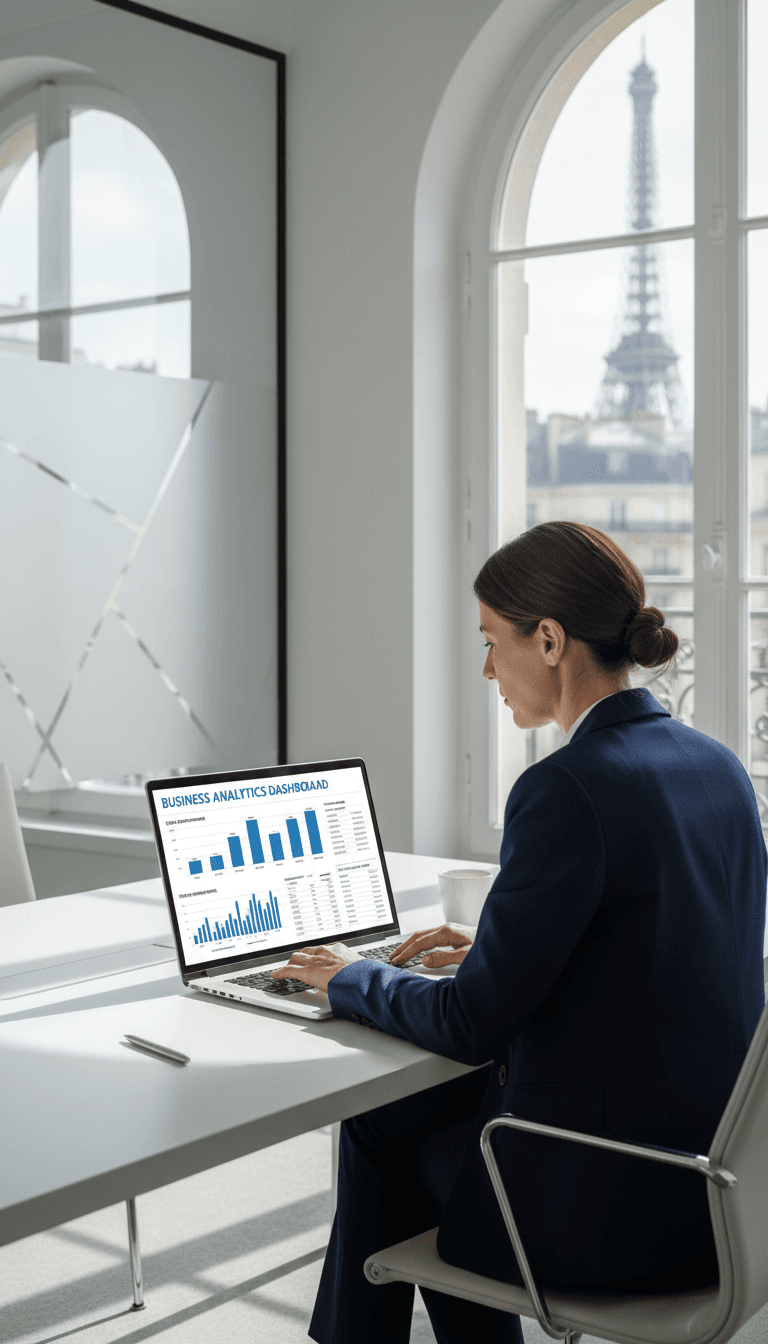 Professionnel analysant des données commerciales sur ordinateur portable