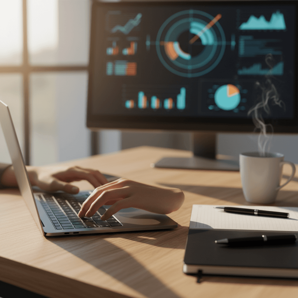 Consultant analysant une liste de prospects BatMark sur ordinateur portable